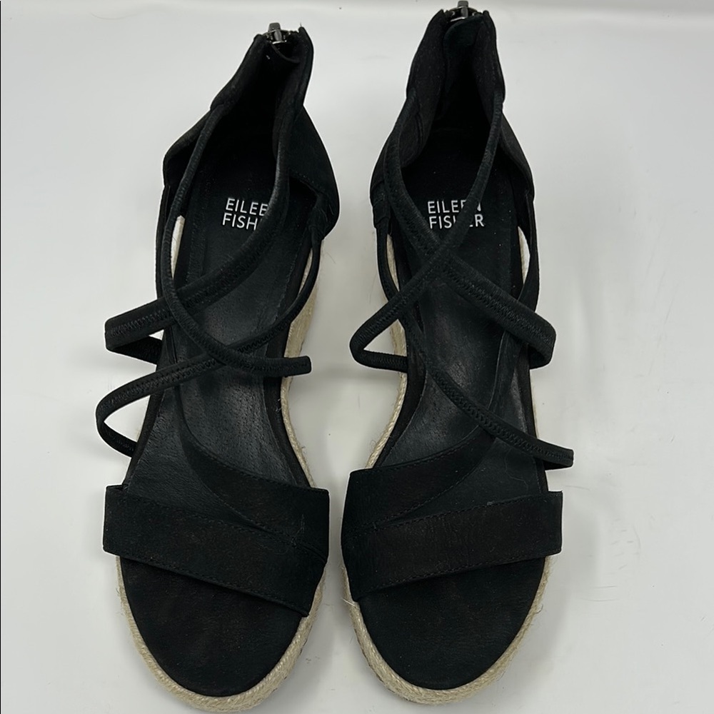 Eileen Fisher Black Wanda Tumbled Nubuck Espadrille Wedge Size 7 0052